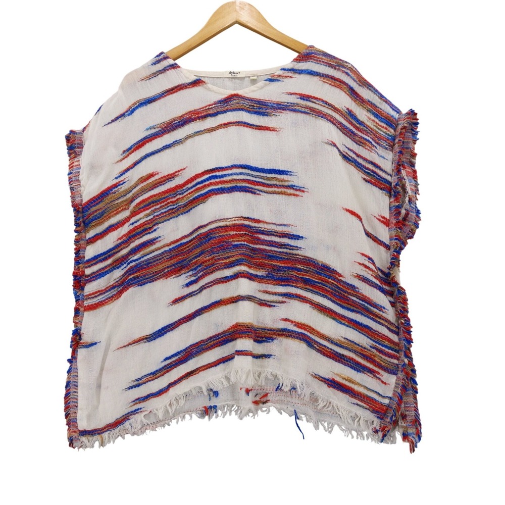 Dylan Gauze Poncho Top Women Medium White Multi Color Fringe Boho Stripe